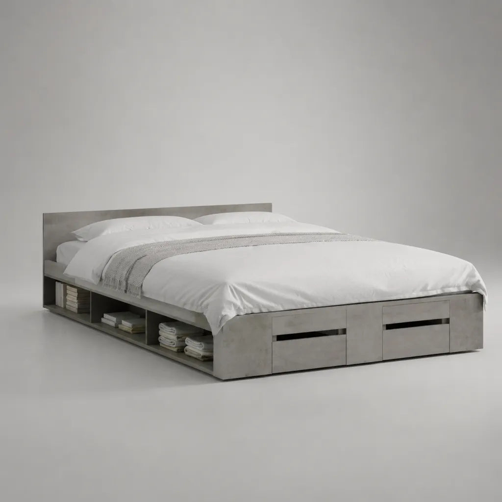 Lit de rangement lit double 160 × 200 cm en panneau de particules recouvert de mélamine avec 2 tiroirs et 4 compartiments ouverts, 218 × 166 × 82 cm, gris béton