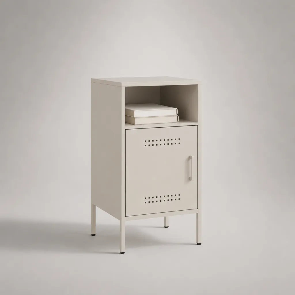 Table de chevet rectangulaire en acier avec porte et compartiment ouvert, beige, 40 × 35 × 70 cm