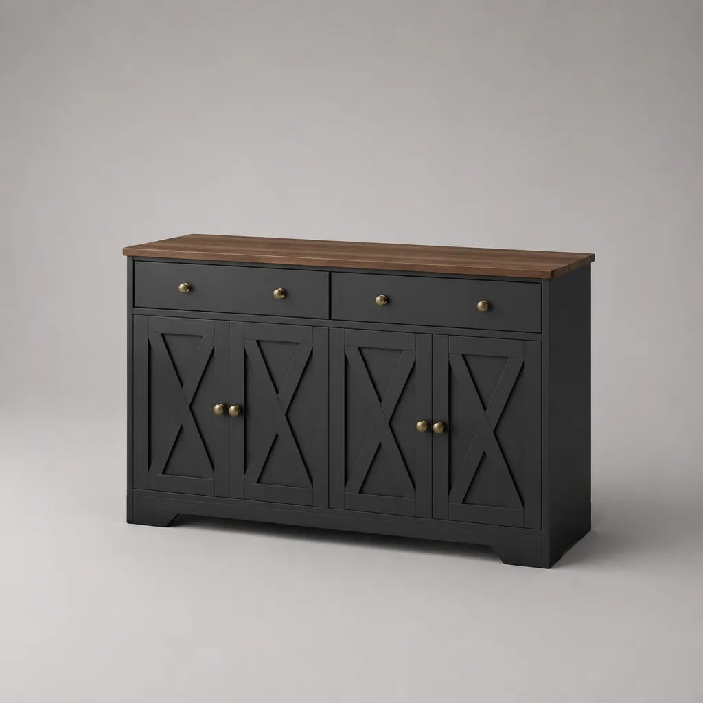 Sideboard en MDF et panneau de particules avec 2 tiroirs et 4 portes, noir et brun foncé, 140 × 40 × 85 cm