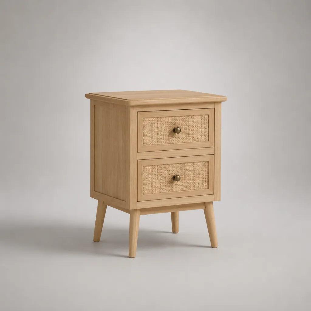 Table de chevet en bois avec 2 tiroirs et façades en rotin, bois naturel, beige et en laiton, 45 × 35 × 60 cm