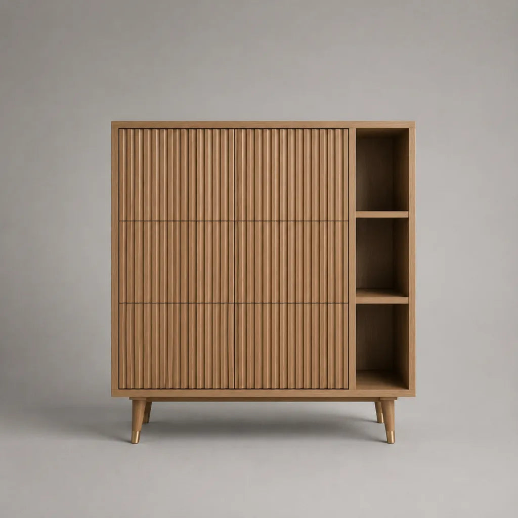 Commode haut de gamme en MDF avec placage de chêne, 6 tiroirs et 3 compartiments ouverts, Chêne Nature, 120 × 40 × 120 cm