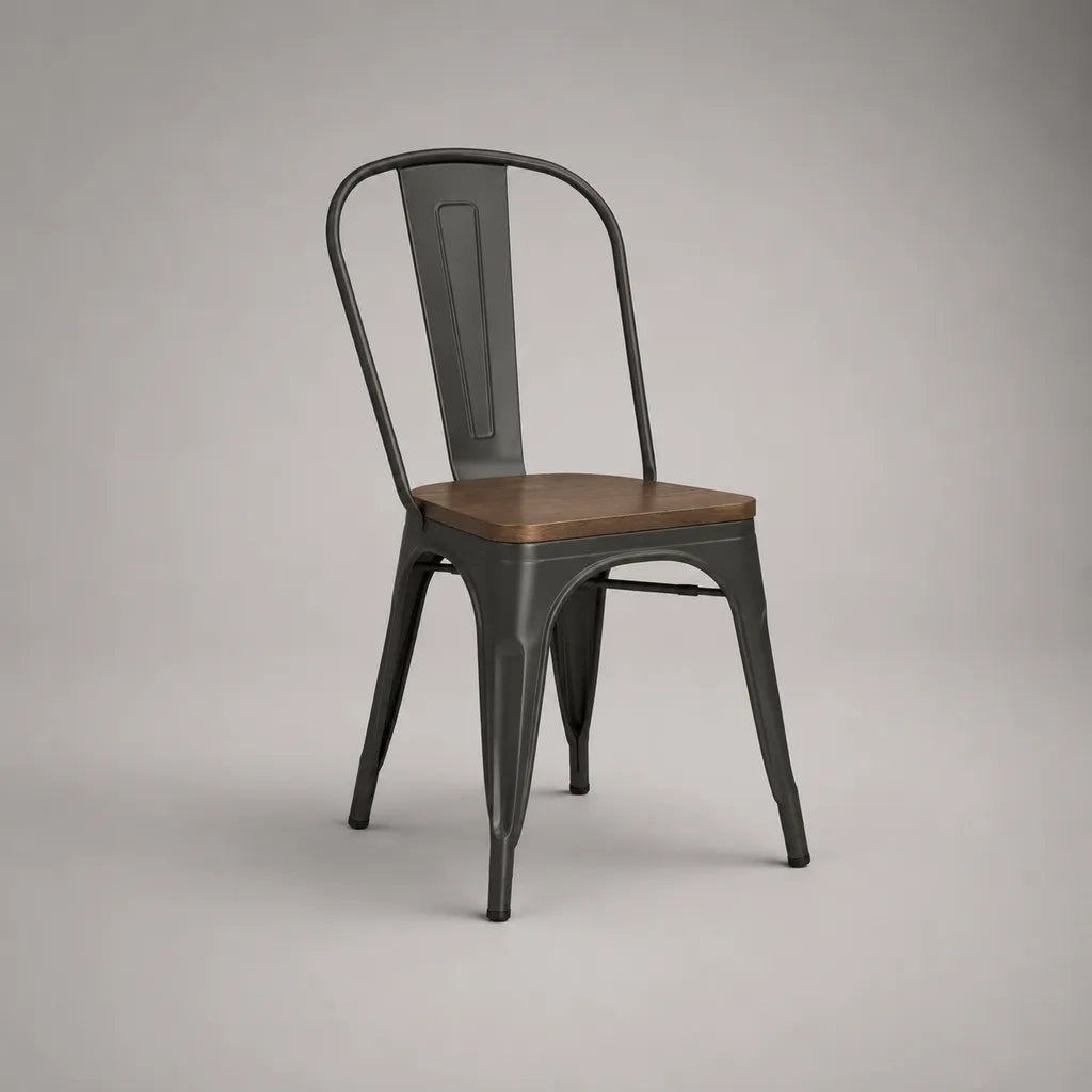 Chaise à manger en acier recouvert de poudre et en bois massif d'arbre en caoutchouc, anthracite/brun, 45 × 51 × 84 cm