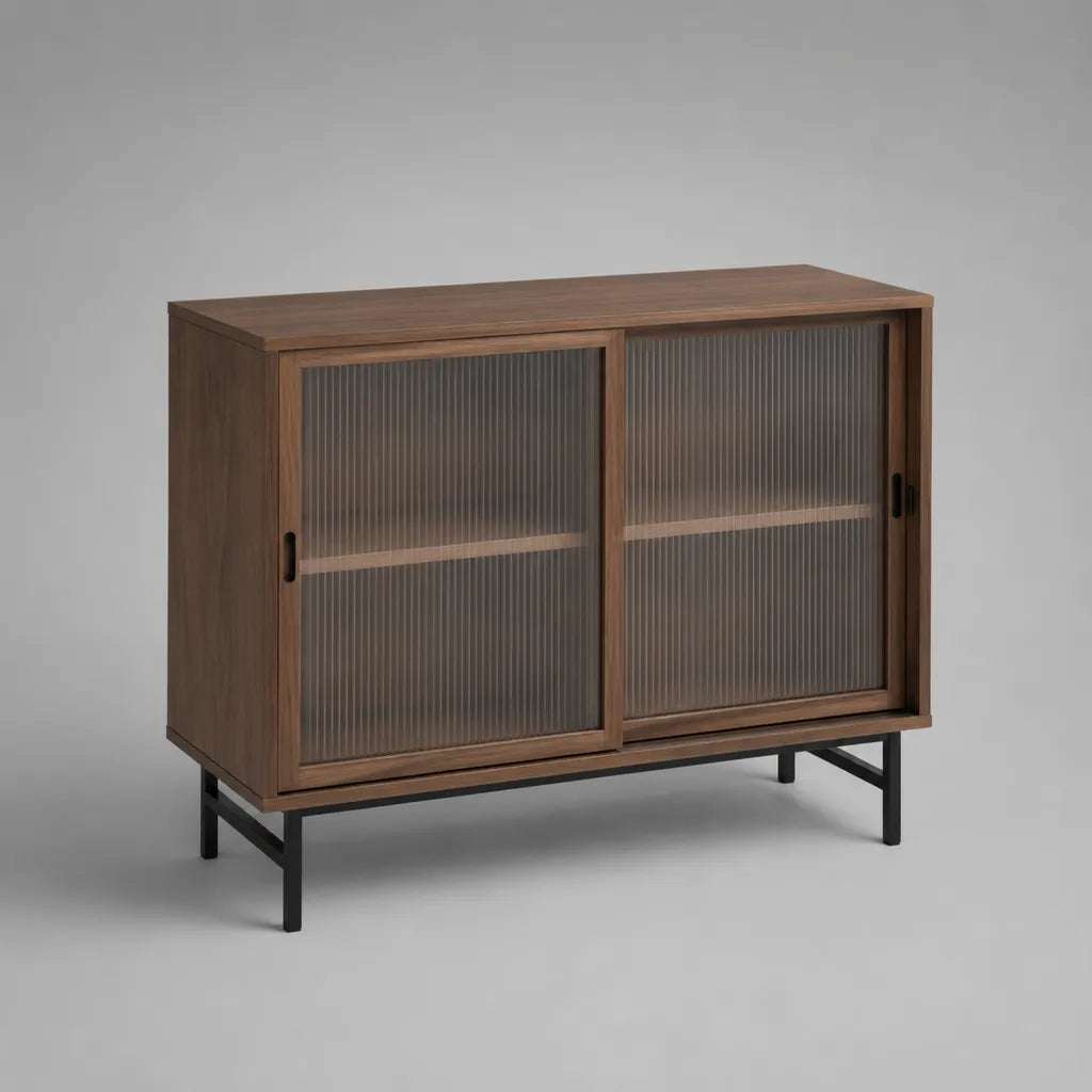 Buffet en MDF, verre et métal avec 2 portes coulissantes, brun noyer, 120 × 40 × 85 cm