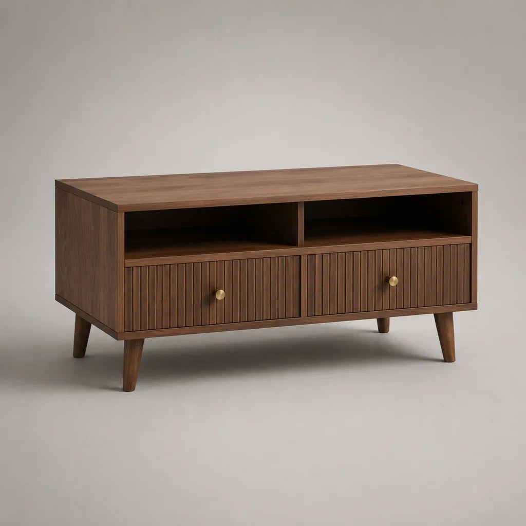 Table basse rectangulaire en MDF et bois avec 2 tiroirs et 2 compartiments ouverts, brun foncé, 100 × 50 × 55 cm