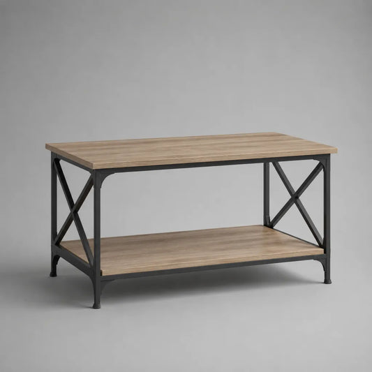 Table basse rectangulaire avec plaque de particules et acier, brun et noir, 100 × 60 × 55 cm