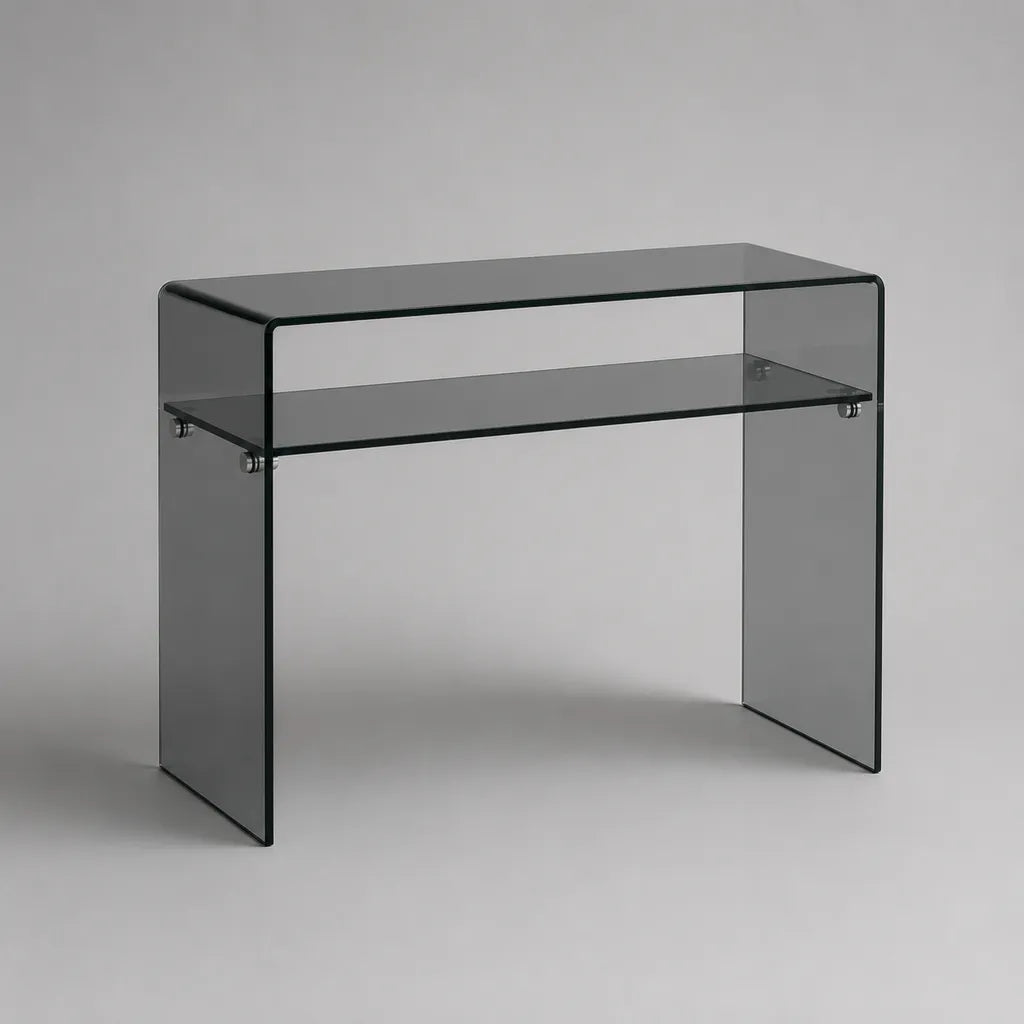 Table de console rectangulaire en verre avec rangement, gris fumé transparent et chrome, 100 × 35 × 75 cm