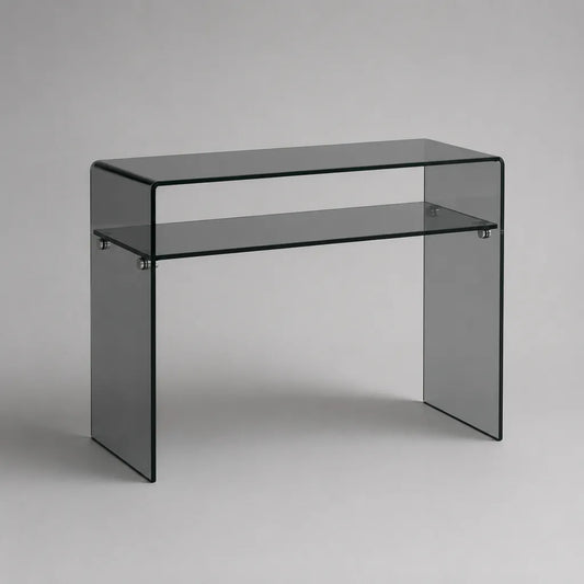 Table de console rectangulaire en verre avec rangement, gris fumé transparent et chrome, 100 × 35 × 75 cm