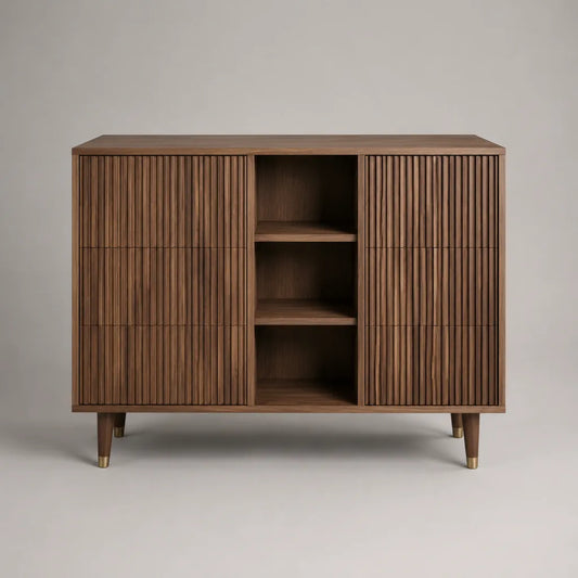 Sideboard avec 6 tiroirs et 3 compartiments ouverts, MDF avec placage de noix, brun de noix et couleurs en laiton, 140 × 40 × 100 cm