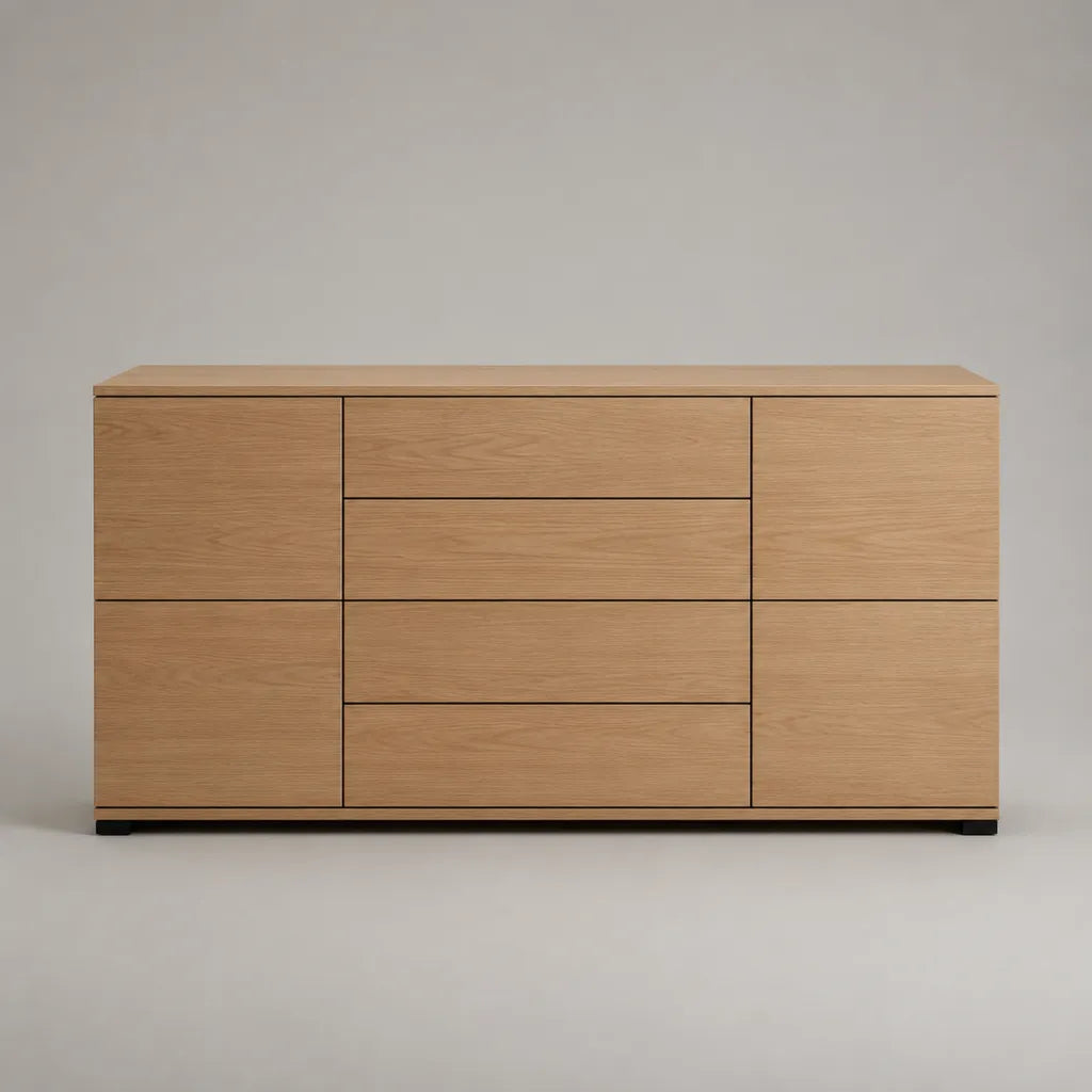 Buffet en MDF avec placage de chêne, 4 portes et 4 tiroirs, Chêne Nature/Noir, 160 × 40 × 80 cm