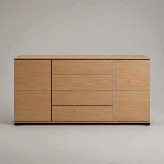Buffet en MDF avec placage de chêne, 4 portes et 4 tiroirs, Chêne Nature/Noir, 160 × 40 × 80 cm