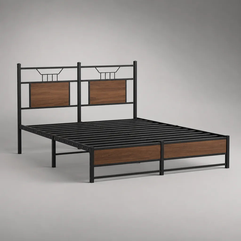 Lit double en métal 160 × 200 cm, dimensions totales 208 × 166 × 105 cm, acier et MDF, noir/brun