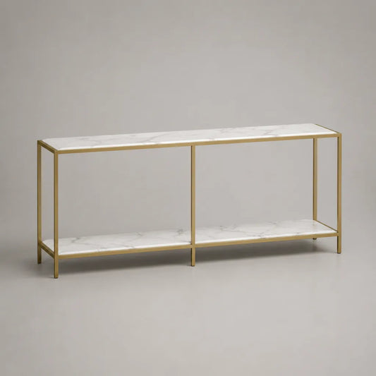 Table console en MDF et acier avec 2 étagères, gris blanc et or, 140 × 35 × 75 cm
