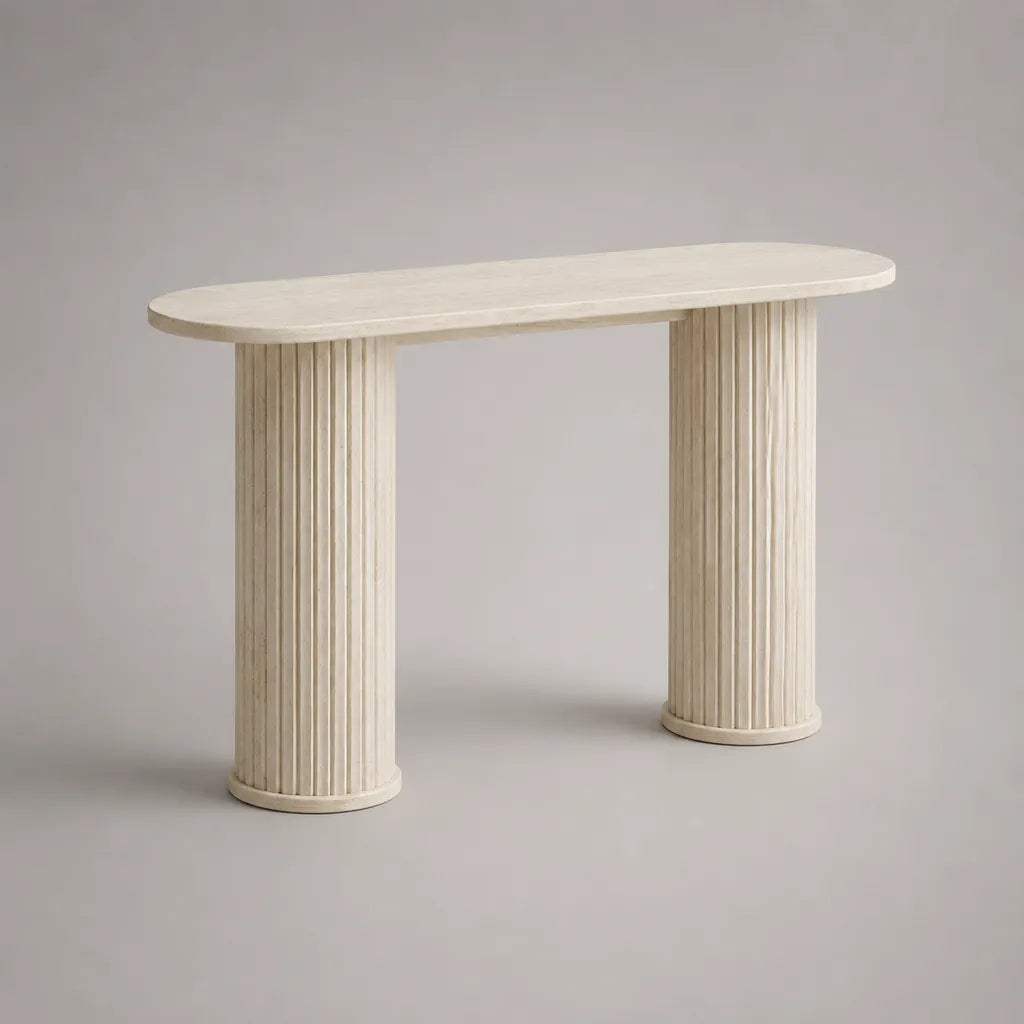 Table console en MDF avec décoration travertin, table arrondie et colonnes de riff, blanc cassé/braie, 120 × 35 × 80 cm