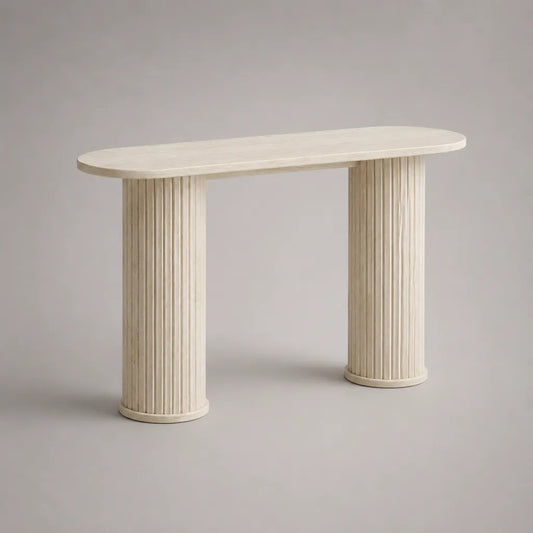 Table console en MDF avec décoration travertin, table arrondie et colonnes de riff, blanc cassé/braie, 120 × 35 × 80 cm