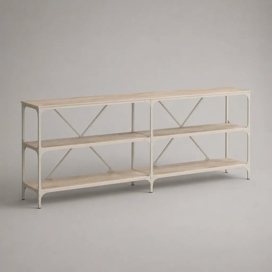 Table console en MDF et métal avec 3 surfaces de rangement, nature/blanc cassé, 180 × 35 × 80 cm