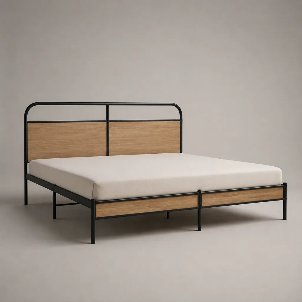 Bâti double en acier et MDF avec tête de lit, surface de lit 160 × 200 cm, dimensions totales 208 × 166 × 105 cm, noir / chêne