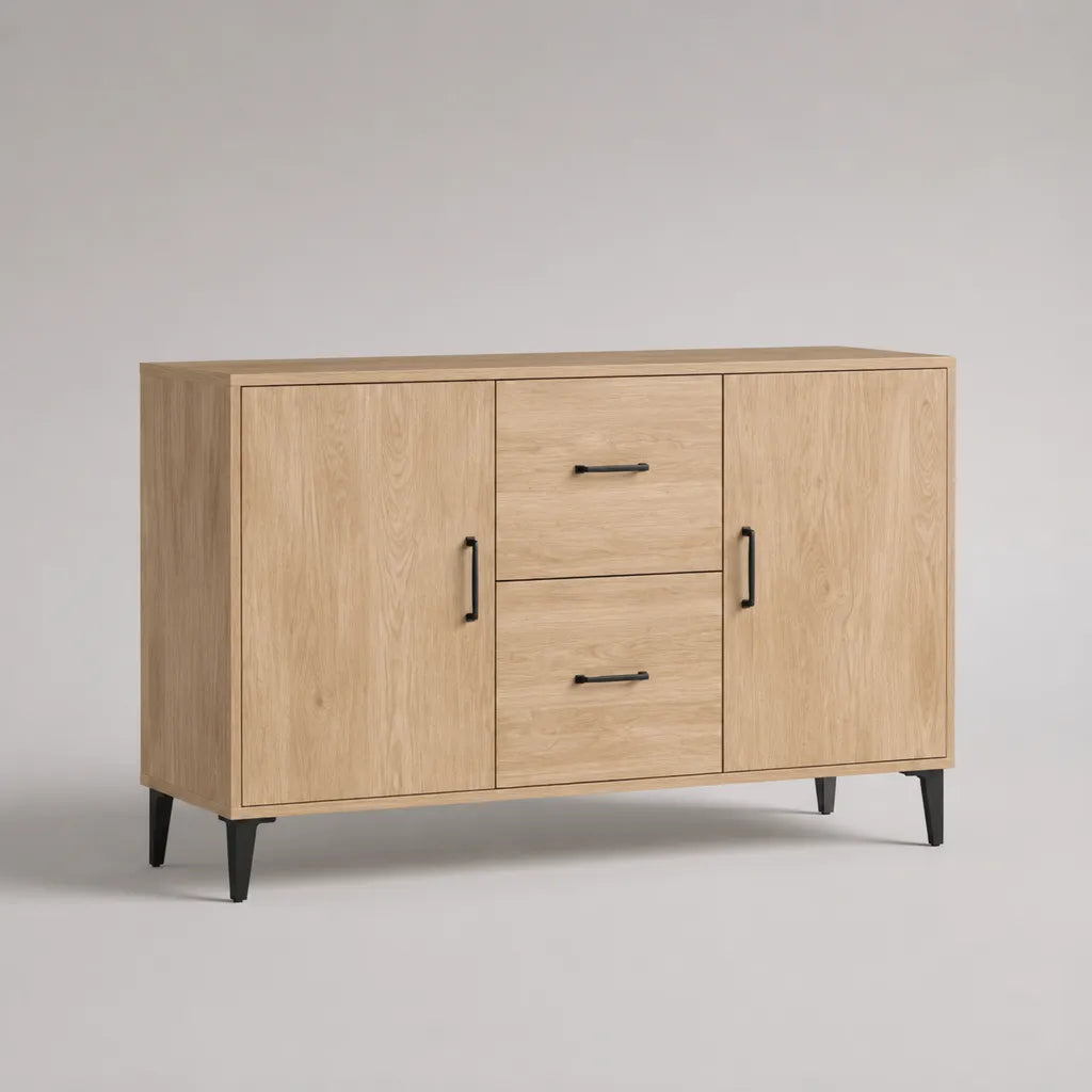 Sideboard en MDF et panneau de particules avec 2 portes et 2 tiroirs, chêne et noir, 140 × 40 × 90 cm