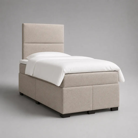 Kit complet lit rembourré avec matelas et tête de lit haute, housse en beige, 90 × 200 cm, dimensions totales 95 × 210 × 140 cm