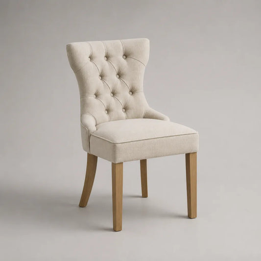 Chaise rembourrée avec housse en tissu et pieds en bois, crème et nature, 58 × 64 × 98 cm