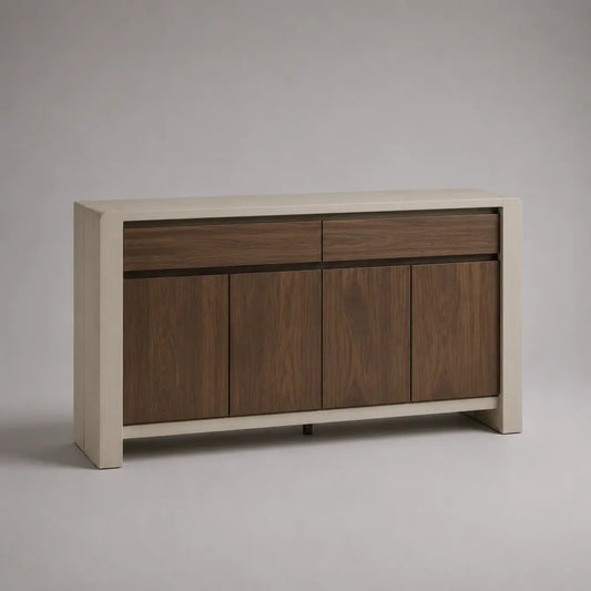 Sideboard en bois avec 4 portes et 2 tiroirs, brun et blanc cassé, 160 × 45 × 85 cm