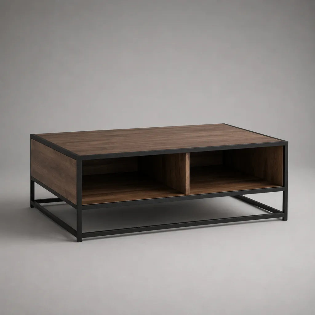 Table basse rectangulaire en MDF et acier avec 2 compartiments ouverts, brun de noix/noir, 100 × 60 × 45 cm