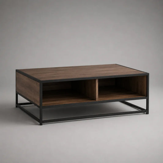 Table basse rectangulaire en MDF et acier avec 2 compartiments ouverts, brun de noix/noir, 100 × 60 × 45 cm