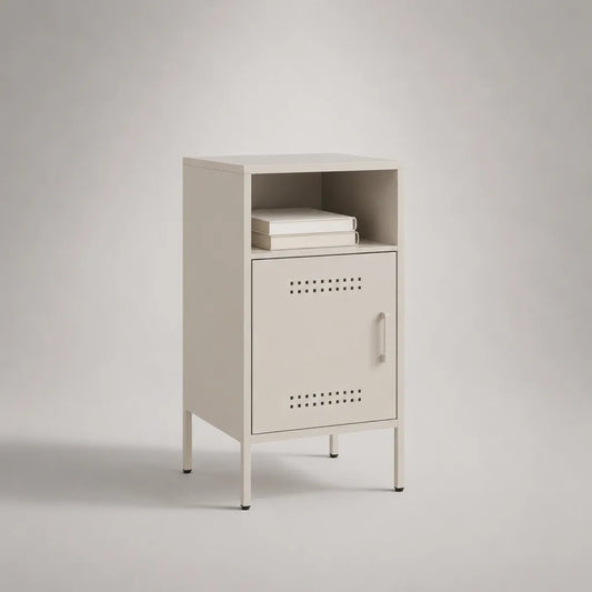Table de chevet rectangulaire en acier avec porte et compartiment ouvert, beige, 40 × 35 × 70 cm