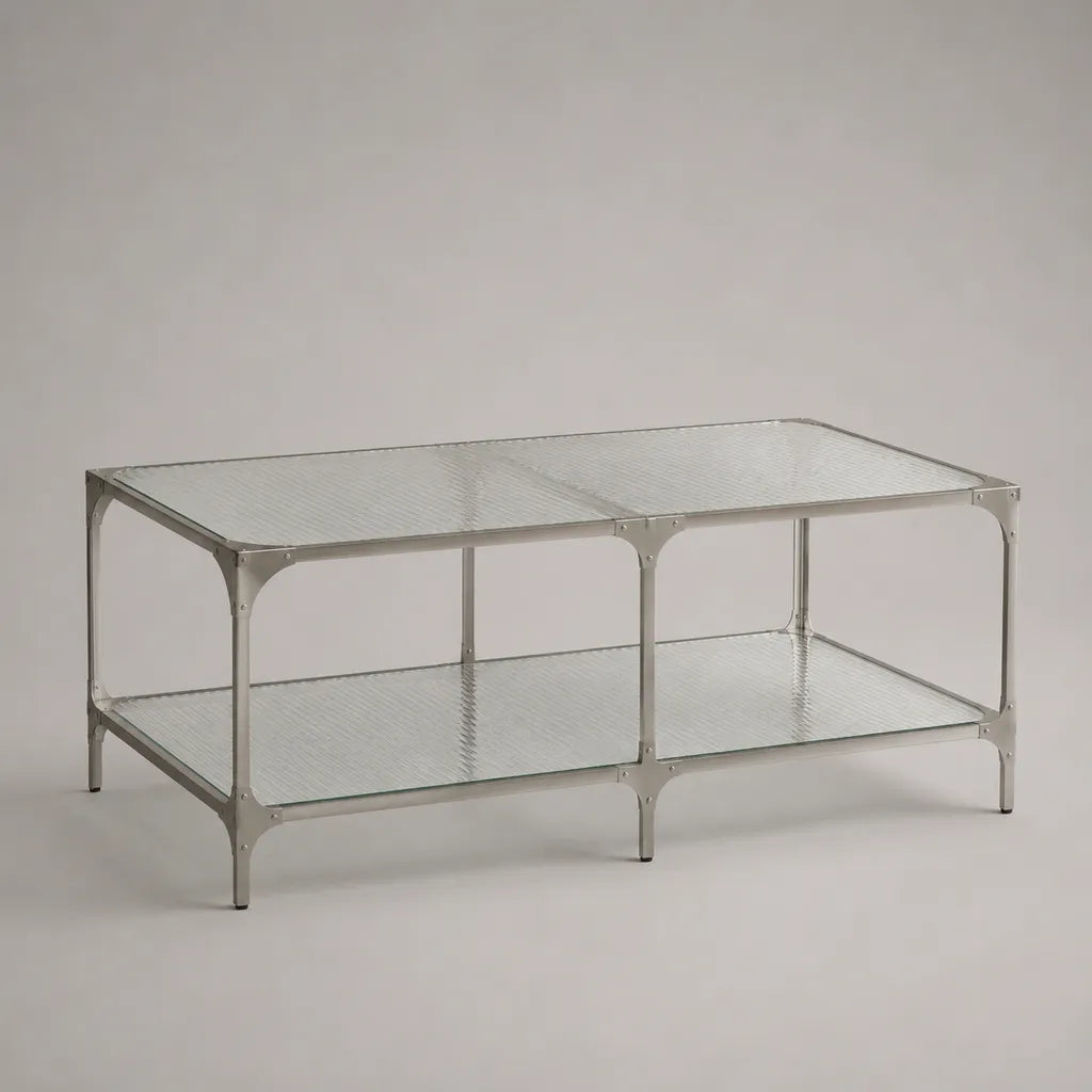 Table basse rectangulaire en verre et acier inoxydable avec rangement, transparent/argenté, 120 × 60 × 50 cm