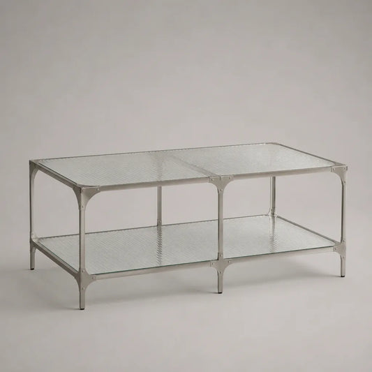 Table basse rectangulaire en verre et acier inoxydable avec rangement, transparent/argenté, 120 × 60 × 50 cm