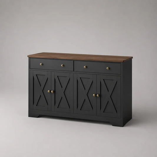 Sideboard en MDF et panneau de particules avec 2 tiroirs et 4 portes, noir et brun foncé, 140 × 40 × 85 cm