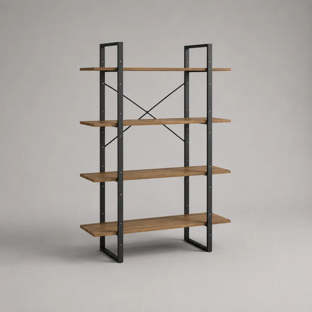 Bibliothèque étagère avec 4 piles en bois et acier, brun et noir, 120 × 34 × 180 cm