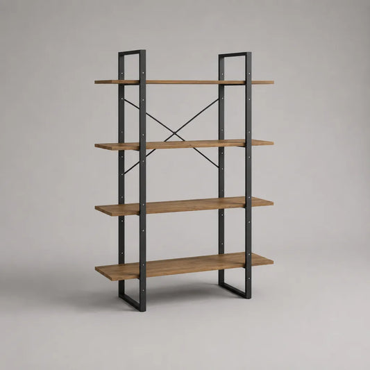 Bibliothèque étagère avec 4 piles en bois et acier, brun et noir, 120 × 34 × 180 cm
