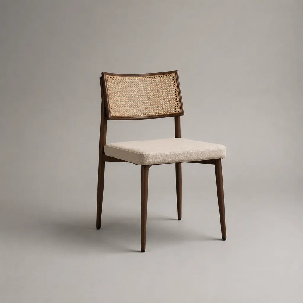 Chaise de salle à manger en bois massif avec tissu de rat et siège rembourré, marron de noix et beige, 48 × 54 × 82 cm