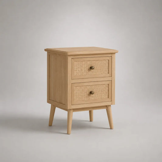 Table de chevet en bois avec 2 tiroirs et façades en rotin, bois naturel, beige et en laiton, 45 × 35 × 60 cm