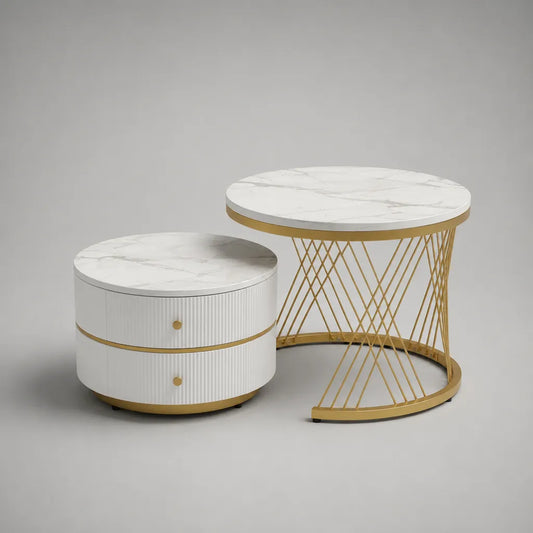 Kit de table basse ronde de 2 parties en MDF et métal avec optique en marbre, 2 tiroirs, blanc/or/gris, Ø 70 × 45 cm et Ø 50 × 38 cm
