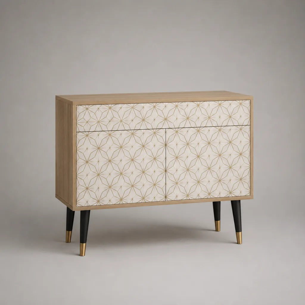 Sideboard avec 2 portes et 2 tiroirs en MDF avec décoration en bois, blanc/nature/or/noir, 100 × 40 × 85 cm