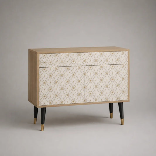 Sideboard avec 2 portes et 2 tiroirs en MDF avec décoration en bois, blanc/nature/or/noir, 100 × 40 × 85 cm