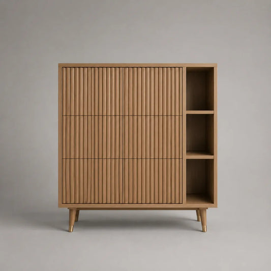 Commode haut de gamme en MDF avec placage de chêne, 6 tiroirs et 3 compartiments ouverts, Chêne Nature, 120 × 40 × 120 cm