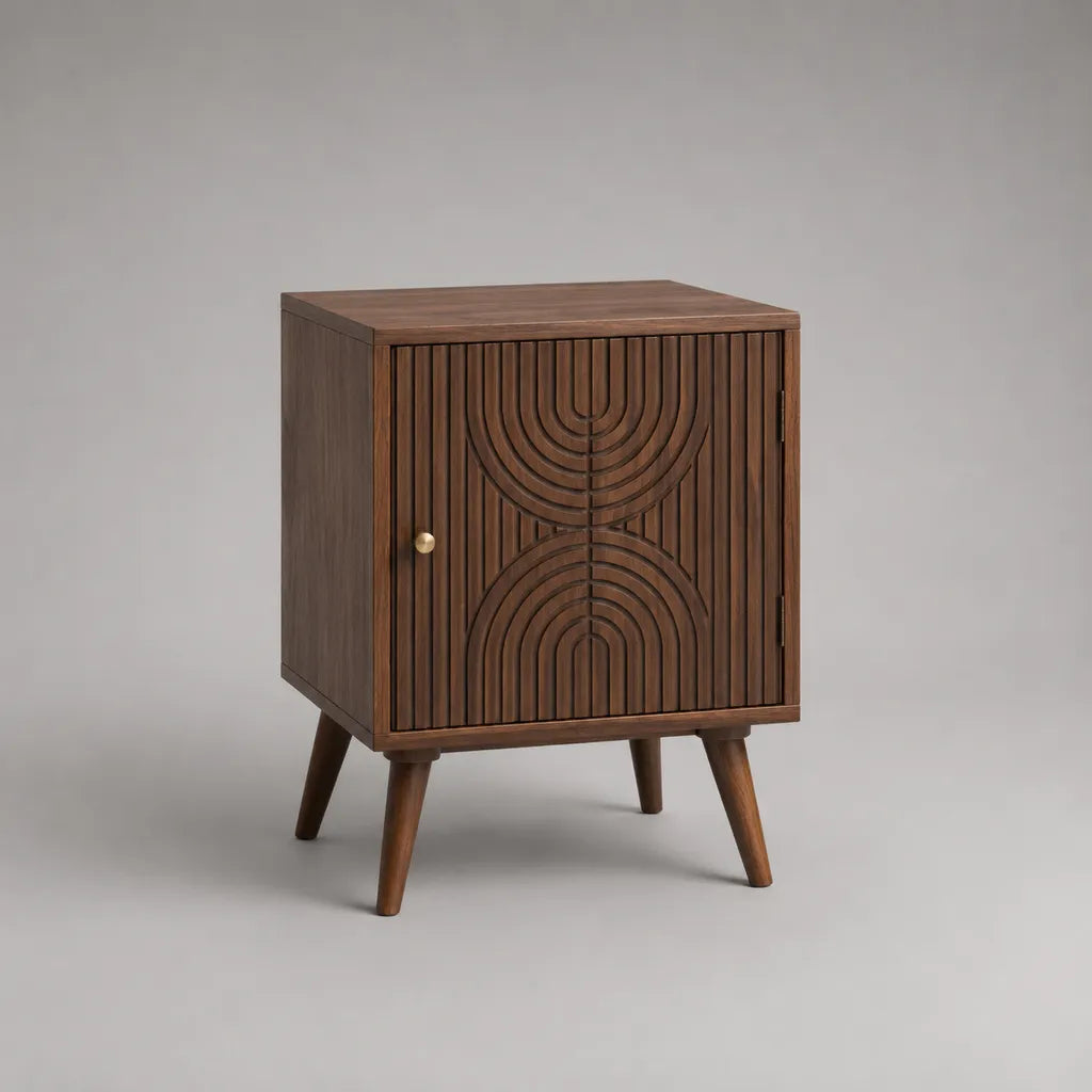 Table de chevet rectangulaire en MDF et placage de noix avec porte, brun foncé, 45 × 35 × 60 cm