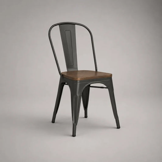 Chaise à manger en acier recouvert de poudre et en bois massif d'arbre en caoutchouc, anthracite/brun, 45 × 51 × 84 cm