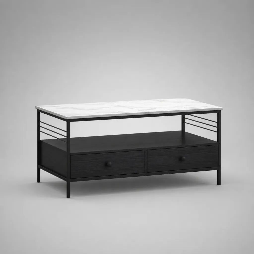 Table basse rectangulaire en MDF et acier avec 2 tiroirs et étagères, optique en marbre, blanc/noir, 100 × 50 × 55 cm