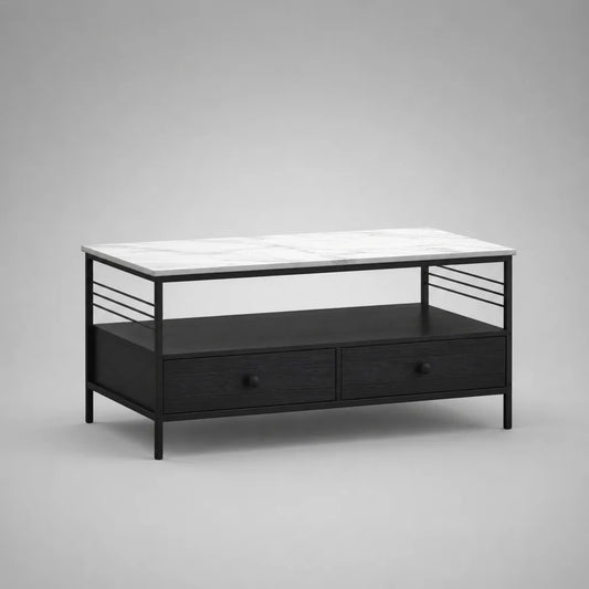 Table basse rectangulaire en MDF et acier avec 2 tiroirs et étagères, optique en marbre, blanc/noir, 100 × 50 × 55 cm