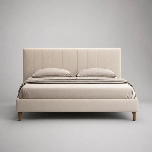 Lit double avec sommier à lattes, housse en polyester et pieds en bois, beige/brun naturel, surface à coucher 160 × 200 cm, dimensions totales 215 × 170 × 110 cm