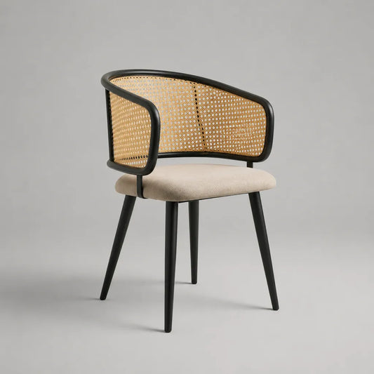Chaise à manger avec accoudoirs en bois massif de caoutchouc, tissu de rat et rembourrage polyester, noir, beige et couleurs naturelles, 58 × 56 × 78 cm