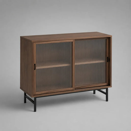 Buffet en MDF, verre et métal avec 2 portes coulissantes, brun noyer, 120 × 40 × 85 cm