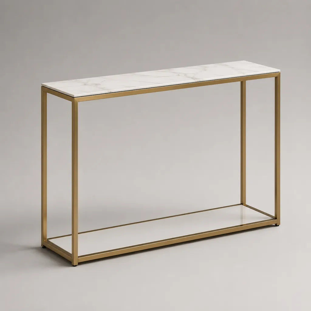Table de console en métal rectangulaire avec plaque en céramique et plateau en verre, or gris-blanc, 120 × 30 × 80 cm