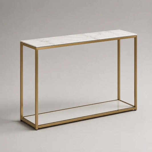 Table de console en métal rectangulaire avec plaque en céramique et plateau en verre, or gris-blanc, 120 × 30 × 80 cm