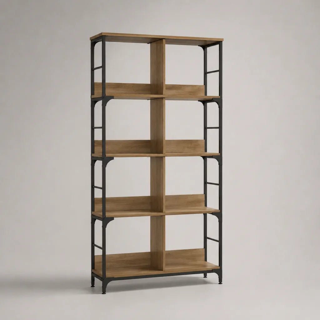 Bibliothèque étagère en panneaux de particules et acier, 8 compartiments, chêne/noir, 80 × 30 × 160 cm