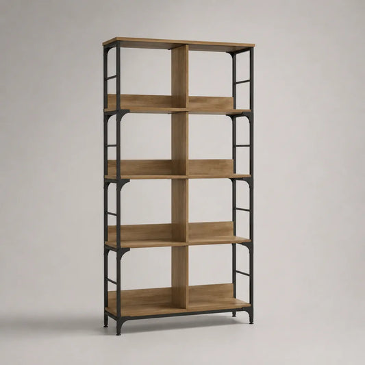 Bibliothèque étagère en panneaux de particules et acier, 8 compartiments, chêne/noir, 80 × 30 × 160 cm