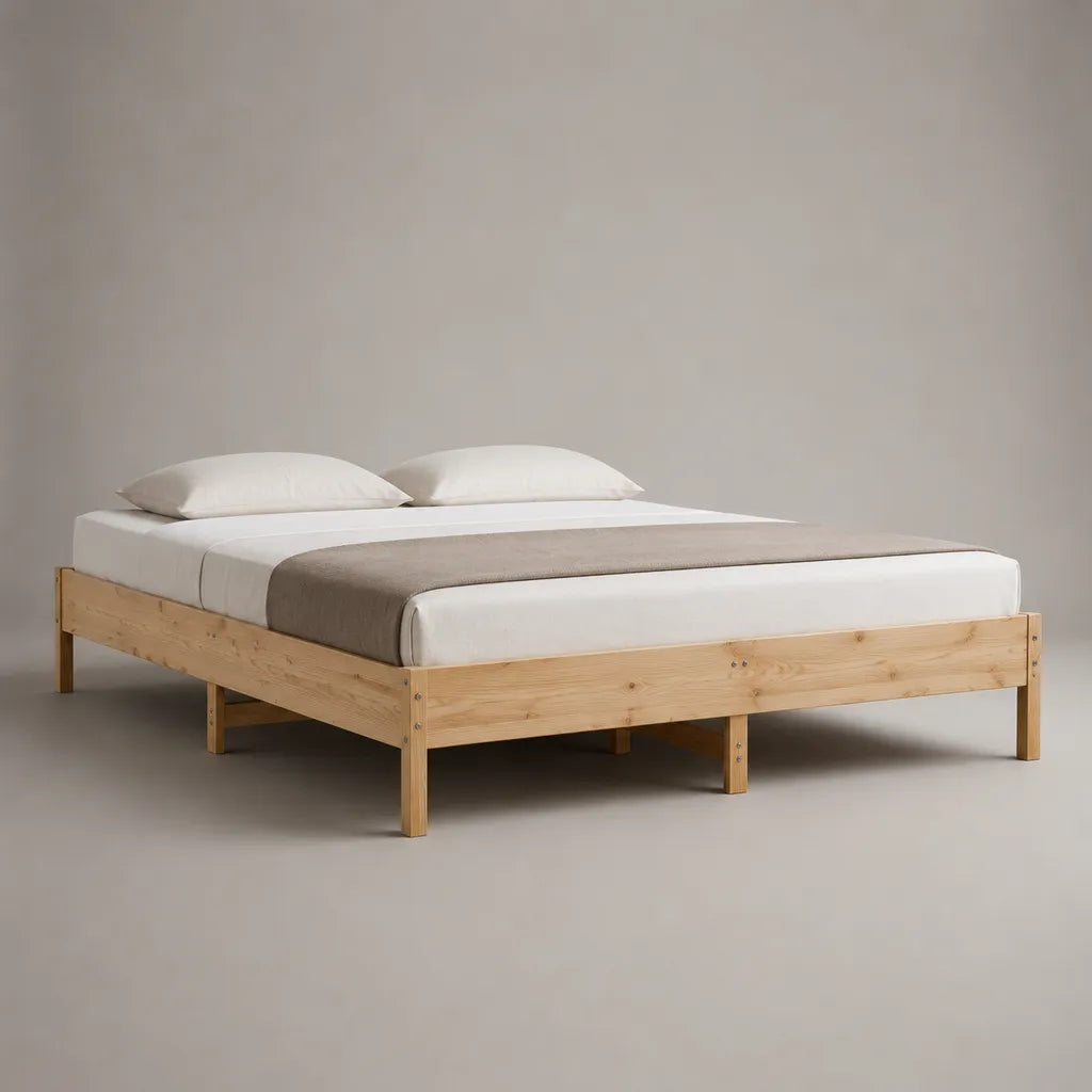 Bâti de lit double en pin massif, nature, couchage 180 × 200 cm